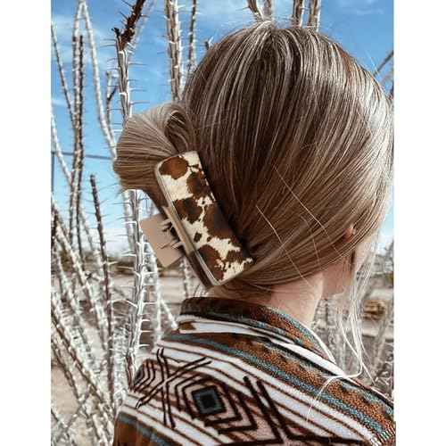 DEEKA Real Leather Large Western Hair Clips Cow Printed Cowhide Tooled 4" Hair Claw Clips Gifts for Thick Hair Country Girls Cowgirl Stuff Western Hair Accessories Gift for Women and Girls -Brown