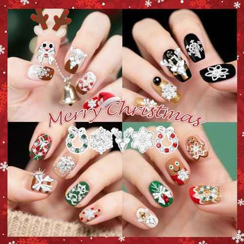 58 Pcs Christmas Nail Charms, Snowflake Bow Nail Charm, Wreath Elk Bow Silver Nail Charms, Xmas-Themed Alloy Silver Nails Art Charm for Christmas Nails DIY Design Craft