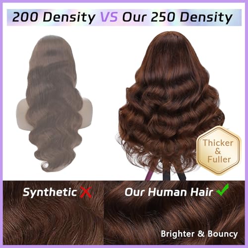 250 Density Body Wave Chocolate Brown Wig, 13x6 Lace Front Wigs Human Hair Pre Plucked, 100% Real Human Hair 4# Brown Wig for Women 16 Inch