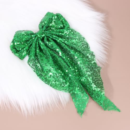 3PCS Big Bowknot Hair Clips Large Sequin Hair Bows Glitter Clips Soft Satin Silky Bowknot with long Tail Hair Bows Clips for Women and Girls Hair Accessories (rose red,red,green)