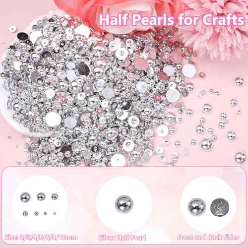Silver Pearls for Crafting, Flatback Pearl for Nails 7 Sizes Half Round Nail Art Pearls ABS Pearl Beads Gems for Nails Art DIY Crafting Face Hair Manicure DIY
