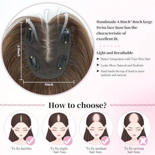 Hair Toppers for Women Real Human Hair Toppers for Women with Thinning HairPieces No Bangs 10 ¡¿ 12 cm Larger Swiss Base Wiglets 12Inch Top Remy HairPieces for Thinning Medium Brown