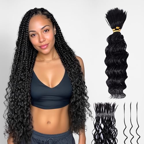 Human Braiding Hair, Pre-Divided Boho Braids Human Hair, Deep Wave Bulk Bohemian Hair Extensions for Braiding Knotless Wet and Wavy, 22 Inch, 3.5oz, Natural Color