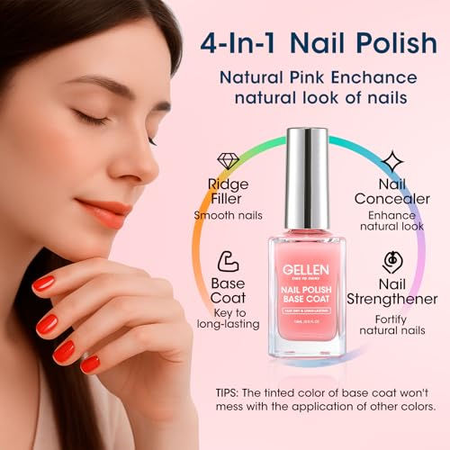 GELLEN Clear Nail Polish Base Top Coat, Sheer Pink Tinted Base Coat & Shine No Wipe Top Coat for Strengthening Thin Damaged Natural Nails, Quick Dry Regular Nail Polish No UV Gel, Hema Free, Non-toxic