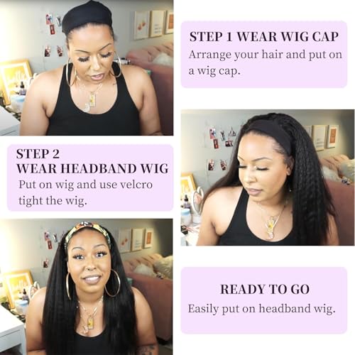 Kinky Straight Headband Wig 26 Inch Human Hair Headband Wigs for Black Women Glueless Yaki Straight Human Hair Headband Wigs Natural Black color