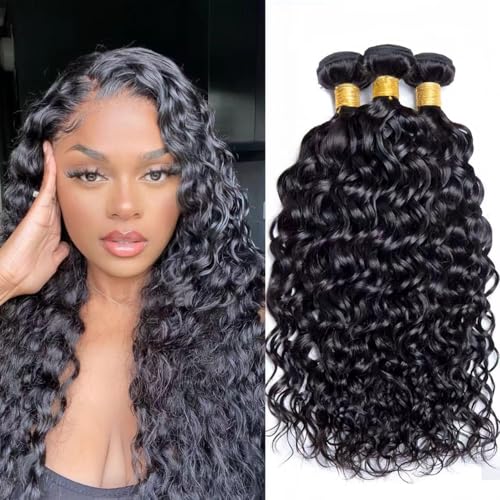 Water wave bundles 12A 100% Unprocessed Deep human hair bundles with Hair Extensions Natur weave Curly human hair natural blcak color for women (Natural Black, Water 20 22 24 inch 100g/bundle)