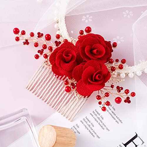 PAGOW Rose Flower Comb 6.1inch Red Hair Clip Bridal Girl Women Accessories Bride Headpiece Gift for Wedding Party Prom Chrismas Valentine's Day Long Thick Haiir