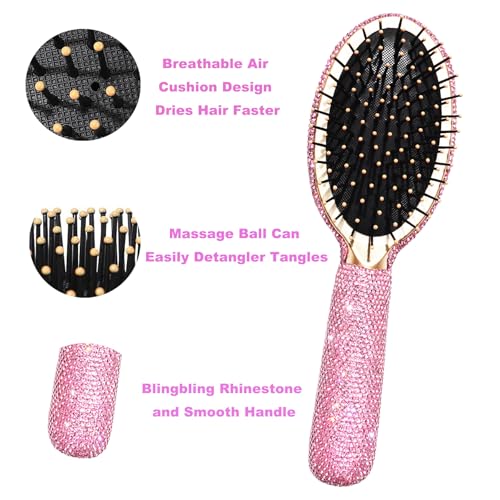 1 Pack Rhinestone Hair Brush Detangling Bling Detangle Massage Sparkle Compact Comb Crystal Air Cushion for Women Wet Dry (All Pink-Round)