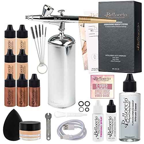 Belloccio Complete Cordless Handheld Airbrush Cosmetic Makeup System with 4 Fair Foundation Shades, Professional 18-Piece Kit, Moisturizing Primer, Blush, Bronzer, Highlighter, Concealer, User Guide