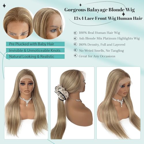Ash Blonde Highlight Wig Human Hair Pre Plucked with Baby Hair 180% Density Glueless 13x4 HD Lace Frontal Wig Balayage Ash Blonde and Platinum Lace Front Wigs Human Hair with Brown Roots Pre Plucked