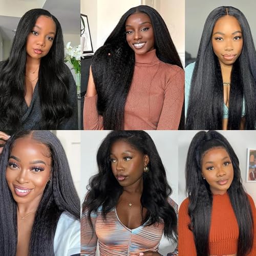 Kinky Straight Lace Front Wigs Human Hair Pre Plucked With Baby Hair 4x4 Transparent Yaki KinkyStraight Human Hair 180% Density Yaki Straight Lace Frontal Wigs for Women 20 Inch
