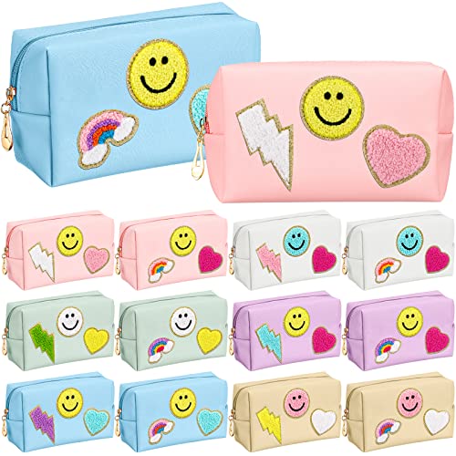 Sanwuta 12 Pcs Christmas Preppy Patch Makeup Bag Chenille Letters Cosmetic Bag PU Leather Preppy Organizer Small Smile Heart Toiletry Pouch Portable Waterproof Storage Purse Pouch for Women Adults