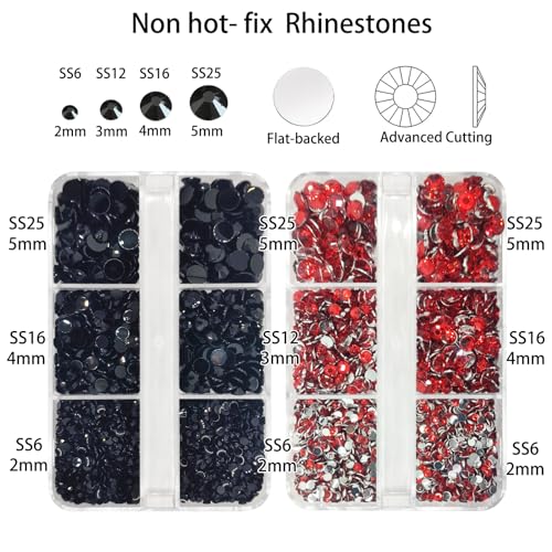 8000 Pieces Red & Black Non Hotfix Flat Back Gems Round Resin Rhinestones Kit 4 Mixed Sizes£¨2-5mm£© with Picking Pen and Tweezer for Nails Crafts Makeup Eyes DIY Christmas Gift Clothes Phone Bottles