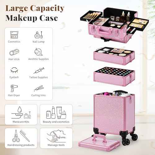 AROUS Rolling Makeup Train Case Large Storage Cosmetic Trolley 5 in 1 Large Capacity Trolley Makeup Travel Case with Key Swivel Wheels Salon Barber Case Traveling Cart Trunk, Pink