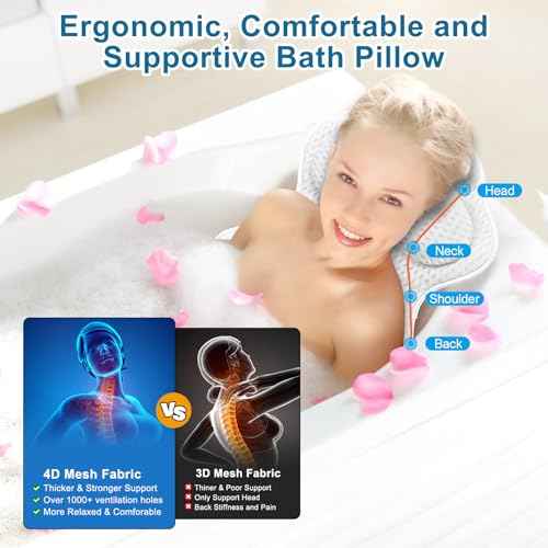 Bath Pillows for Tub Luxury Bathtub Pillow for Neck and Back Support, Soft Bath Tub Pillow Headrest Washable with 4D Mesh & Non-Slip Suction Cups, Relaxing Bath Accessories Spa Gifts for Women (White)