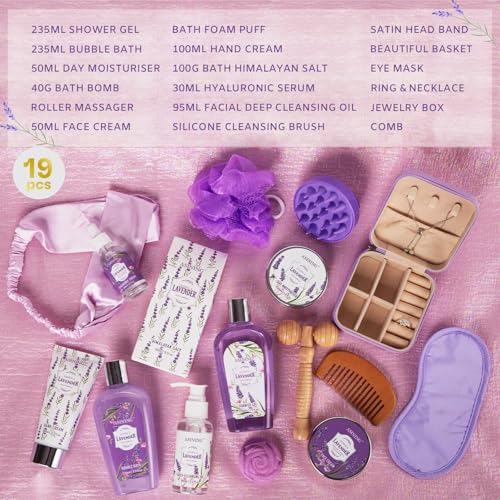 Bath Gift Set for Women, 19 Pcs Skin Care Set Lavender & Jasmine Scent XL Spa Gift Basket for Birthday, Mother's Day, Valentine's Day, Christmas, Home Spa Kit, Birthday Gift Basket Bath & Body Care
