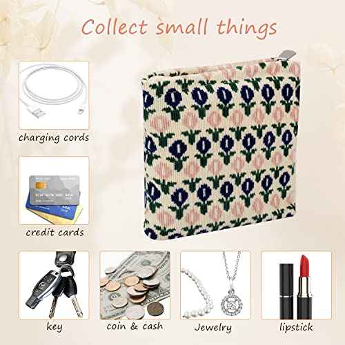 Small Makeup Bag Blue Floral Mini Makeup Zipper Pouch Coin Purse Corduroy Makeup Bag Small Cosmetic Bag for Purse Essentials Items Girl Women Aesthetic Stuff