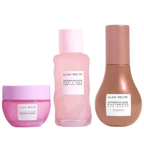 Glow Recipe Watermelon BHA + PHA Pore Tight Facial Toner (40 ml) + Plum Plump Hyaluronic Acid Cream (20 ml) + Niacinamide Bronzing Hue Drops (40 ml) - Skincare Travel Kit for Glowing Skin