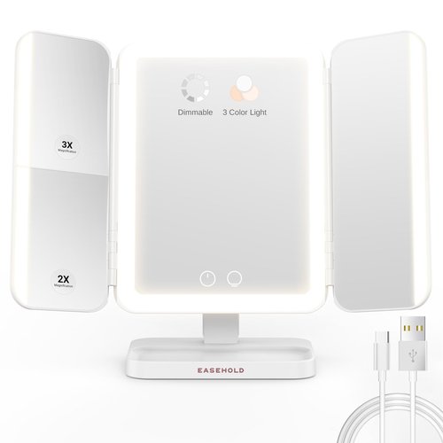 EASEHOLD Makeup Mirror with Lights, Rechargable Lighted Vanity Mirror with 116 LEDs, 1X/2X/3X Magnifying, 3-Color Mirror with LED Lights,5000 mAh Lighted Makeup Mirror, Adjustable Brightness/Angle