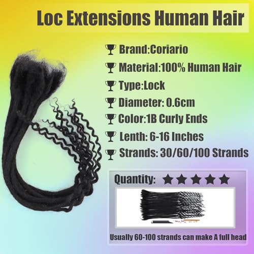 0.6cm Loc Extensions Human Hair Curly Ends 16 Inch 30 Strands Dread Human Hair Dreadlock Extensions for Men