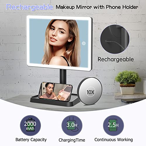 FUNTOUCH Rechargeable Makeup Vanity Mirror with Lights, Large Lighted Desk Makeup Mirror with 96 LED Lights and 10x Magnifying, 3 Color Lighting, Make up Light Mirror with Phone Holder