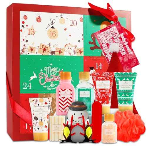 Christmas Advent Calendar 2025, 12 Days of Holiday Advent Calendar for Women, BODY & EARTH Spa Gift Baskets with Snowman Bath Bomb, Scented Candle, Christmas Hat, New Year Bath Set for Women