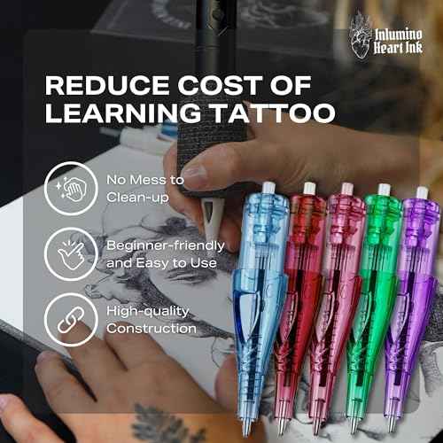 Inlumino Heart Ink Ballpoint Dot Pen Tattoo Cartridges for Tattoo Practice on Paper. 10 0.5mm Tattoo Cartridges for Beginners to Learn How to Tattoo - 2 Pink, 2 Red, 2 Purple, 2 Blue & 2 Green