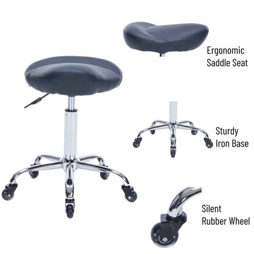 Whiterye Saddle Stool PU Leather Rolling Stool Adjustable Height with Mute Rubber Wheels Ergonomic Swivel Saddle Chair for Clinic Dentist Massage Salon Spa Tattoo Office (Black).
