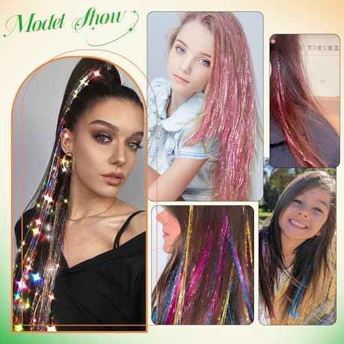 Hair Tinsel Kit With Body Glitter 15 Colors 48 Inch 4500 Strands Glitter Tinsel Hair Extensions With Tools Fairy Hair Accessories, Suitable for Festivals and Daily Use (15 Colors Hair Tinsel Kit)