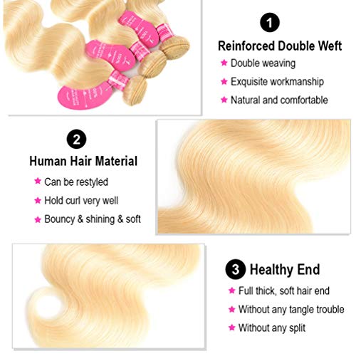 613 Hair Bundles with Closure Body Wave Human Hair 613 Honey Blonde Bundles with Lace Closure Brazilian Virgin Body Wave Human Hair 3 Bundles with 4¡¿4 Lace Closure 150% Density Free Part (12 14 16+10)