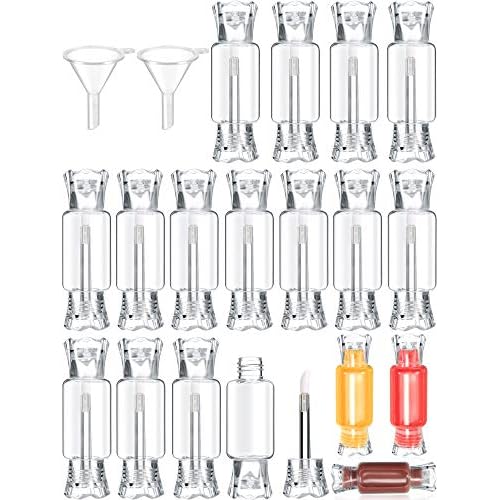 20 Pieces Empty Lip Gloss Tubes with Wand 9 ml Mini Clear Candy Shape Lip Balm Tube Containers and 2 Pieces Funnel for DIY Cosmetics Women