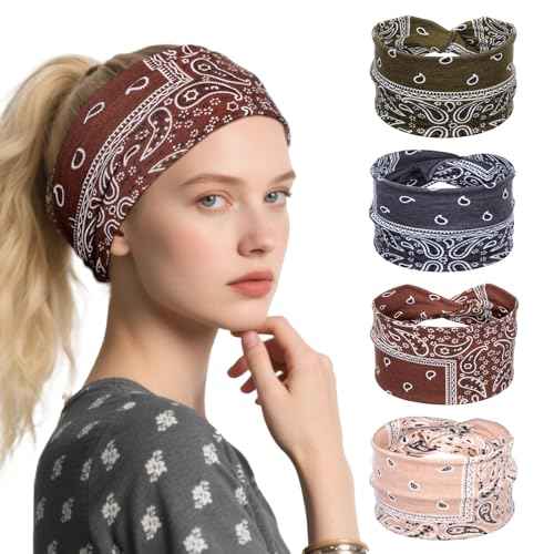 Boho Bandana Headbands for Women, 4Pcs Knotted Head Wraps Vintage Paisley Turban, Wide African Non Slip Stretch Hairbands for Hair Accessories (Beige, Brown, Gray, Green)