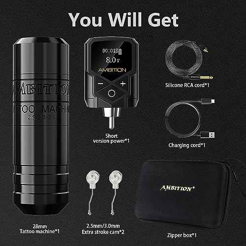 Ambition Torped Tattoo Machine Kit - Rotary Tattoo Machine Cartridges Short Pen with 1800mAh Tattoo Power Supply Brushless Motor for Professional Tattoo Artist