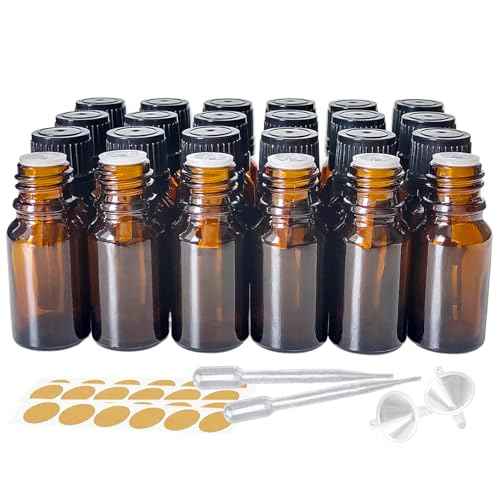 24 Pack 10ml Amber Glass Essential Oils Bottles Empty Glass Dropper Vials Sample Bottle With Orifice Reducer and lid,for Aromatherapy Oils (Amber, 10ml)