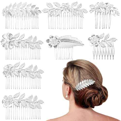 8 Pack Leaf Hair Side Combs for Women Girl, Bridal Metal Decorative Hair Comb Clips, French Twist Hair Slide Comb for Wedding Hair Accessories(Silver)