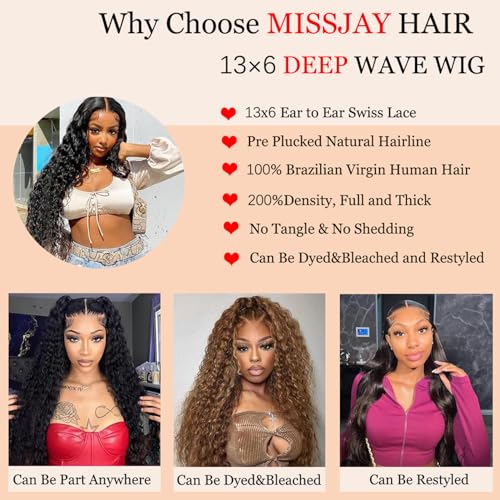 MISSJAY Hair 22 Inch Deep Wave Lace Front Wig Human Hair 200% Density 13x6 Lace Front Wig with Baby Hair Pre Plucked Deep Curly Wig 100% Unprocessed Brazilian Virgin Hair Natural Color for Women
