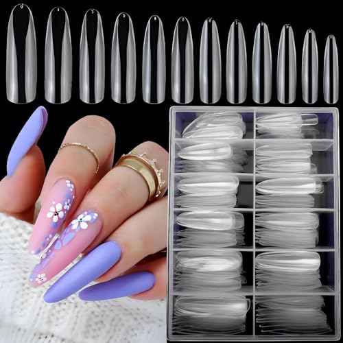 LoveOurHome 240pc XL Clear Almond Acrylic Nail Tips Full Cover Extra Long Fake Nails Oval Press on Nail Clear 12 Size False Naills for Gel Nail Extension Finernails Designs