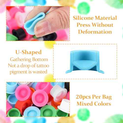 ATOMUS 40pcs Tattoo Cartridge Needles with 20pcs Ink Cups Size #10 RL RS RM Round Liner Silicone Wrapped Tattoo Needles for Tattoo Gun Pen Liner Pattern (7RM+9RM+11RM+15RM)