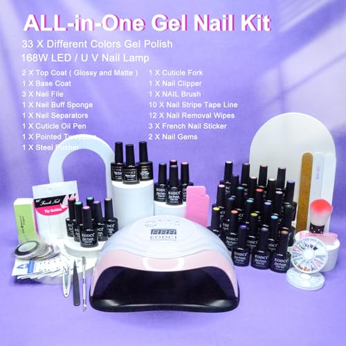 33 Colors Gel Nail Polish Kit With UV Light, 76 Pcs Nail Pink Nude Green Blue Gel Nail Polish Set 168W Nail Lamp, No Wipe Base Top Coat & Manicure Tools Starter Kit DIY Home Salon Gifts