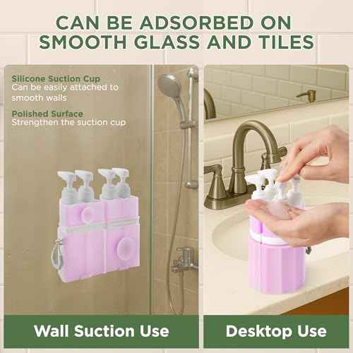 4-in-1 Travel Bottles for Toiletries, TSA Approved Travel Size Toiletries, Leak Proof Refillable Travel Size Shampoo and Conditioner Sets with Wall-Mountable Suction Cup, Pink