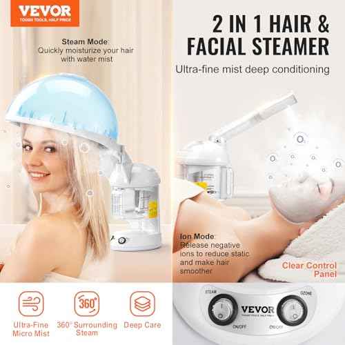 VEVOR Hair Steamer, 2 in 1 UV Ozone Hair & Facial Steamer with Detachable Bonnet Hood, Nano Ionic Face Steamer with 360¡Æ Rotatable Sprayer for Deep Conditioning, Perfect for Salon Spa Home Beauty