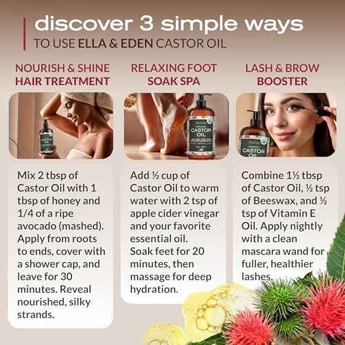 Ella & Eden Castor Oil Organic ? Cold Pressed Hexane-Free Unrefined Glass Bottle | For Hair Growth, Face, Skin | USDA Certified 100% Pure ? 16 Oz
