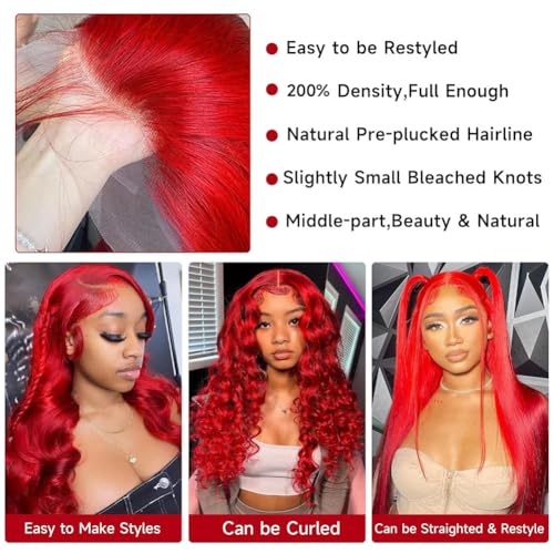 Ice Pear 26 Inch Red Hair Wig Pre Plucked 13x6 Body Wave Wigs Human Hair, 200% Density 13x6 Colored Wigs for Women,Red Glueless Wig Bleached Knots with Baby Hair