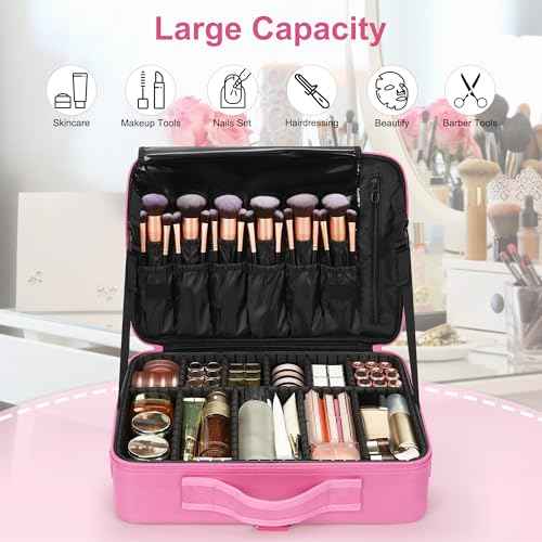 Relavel Makeup Case Large Makeup Bag Professional Train Case Travel Cosmetic Organizer Brush Holder Waterproof Makeup Artist Storage Box, 3 Layer Large Capacity, with Adjustable Strap, Rose Pink