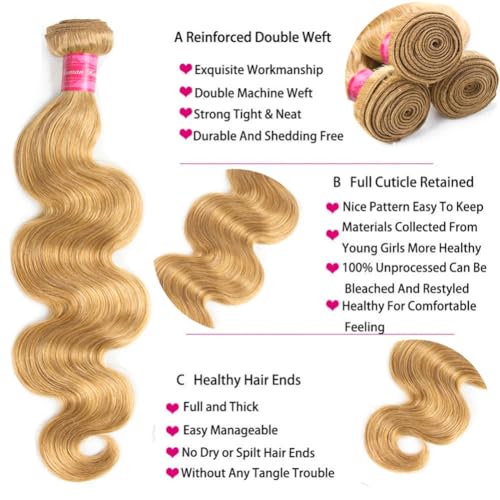 Aopusi Honey Blonde Bundles Human Hair Brazilian #27 Colored Body Wave Bundles 10A Grade 100% Unprocessed Virgin Remy Hair 3 Pcs/Lot Hair Weft(14 16 18 Inch)