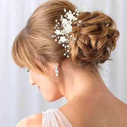 Flower Bridal Hair Vine Pieces with Comb Pearl Floral Rhinestone Leaf White Wedding Hair Pin Accessories for Women and Girls (White Flower Silver Leaf)
