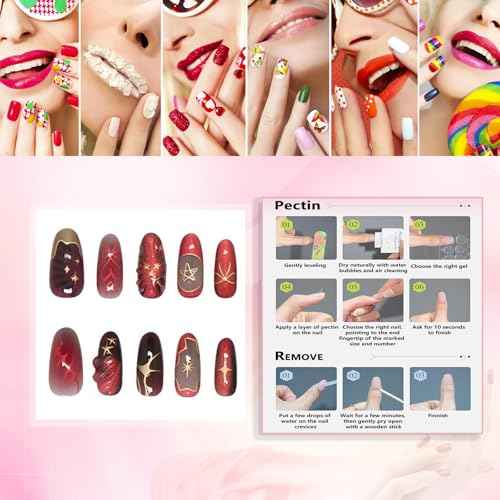 Short Almond Press on Nails Dark Red Fake Nails 3D Gold Designs Nails Press Ons Red Gradient Stick on Nails Full Cover Artificial Nails Gift for Women 24pcs