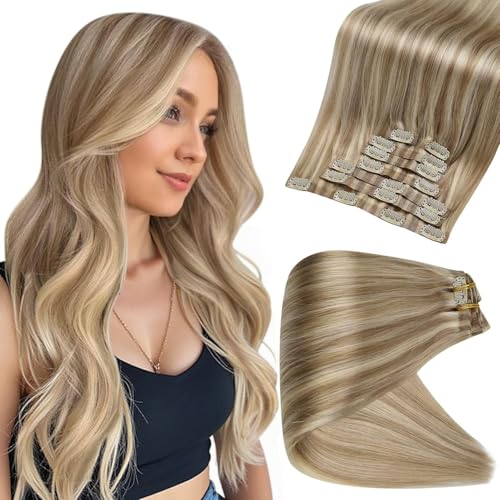 Full Shine Blonde Clip in Hair Extensions Dirty Blonde with Highlights Hair Extensions 16 Inch Real Hair Extensions Clip in Golden Blonde Ease of Use 8 PCS 120 G