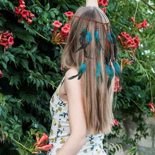 Indian Headdress, Boho Indian Feather Headband, Native American Headband, Hippie Headbands for Women, Native American Headdress, Native American Hair Accessories for Women and Girls Blue