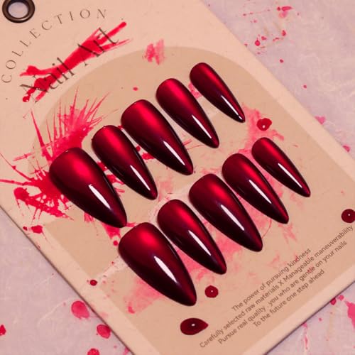 30Pcs Red Press on Nails Halloween Cute Glitter Fake Nails Medium Almond Nails Press on Solid Color False Nails Glossy Acrylic Stick on Nails Reusable Glue on Nails for Women Girls